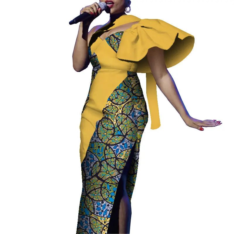 African One - Shoulder Maxi Dress – Bazin Riche Wax Print Gown for Women - Free Delivery Worldwide only at Flexi Africa