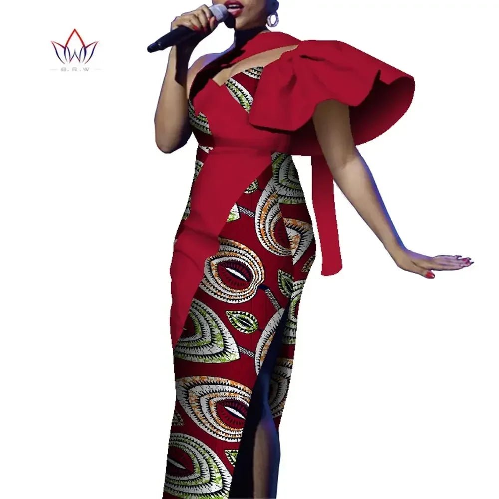African One - Shoulder Maxi Dress – Bazin Riche Wax Print Gown for Women - Free Delivery Worldwide only at Flexi Africa