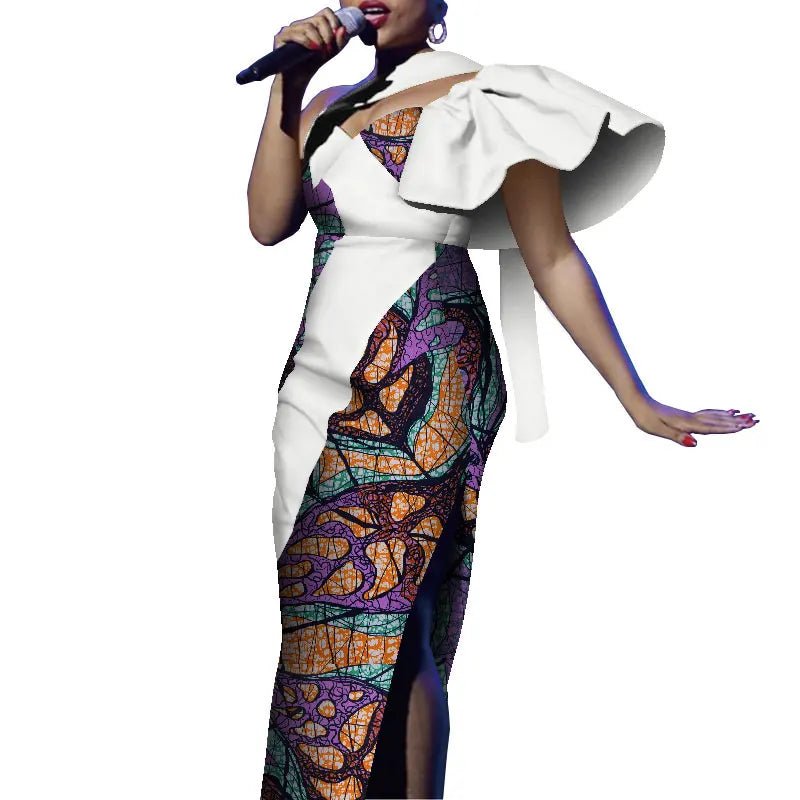 African One - Shoulder Maxi Dress – Bazin Riche Wax Print Gown for Women - Free Delivery Worldwide only at Flexi Africa