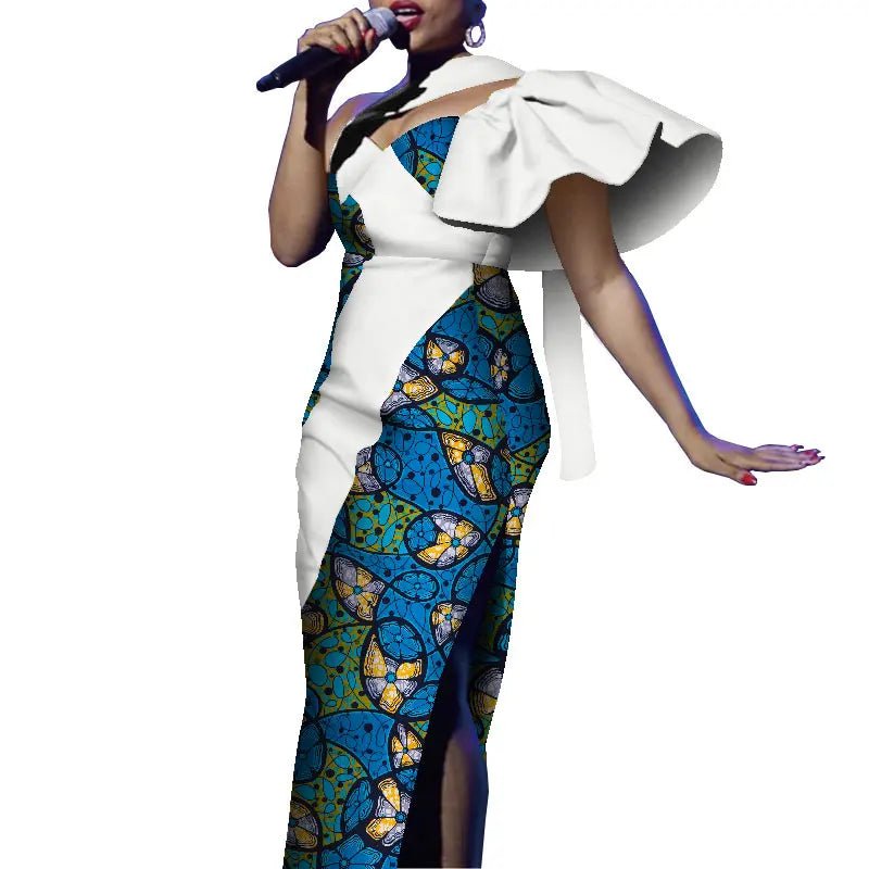 African One - Shoulder Maxi Dress – Bazin Riche Wax Print Gown for Women - Free Delivery Worldwide only at Flexi Africa
