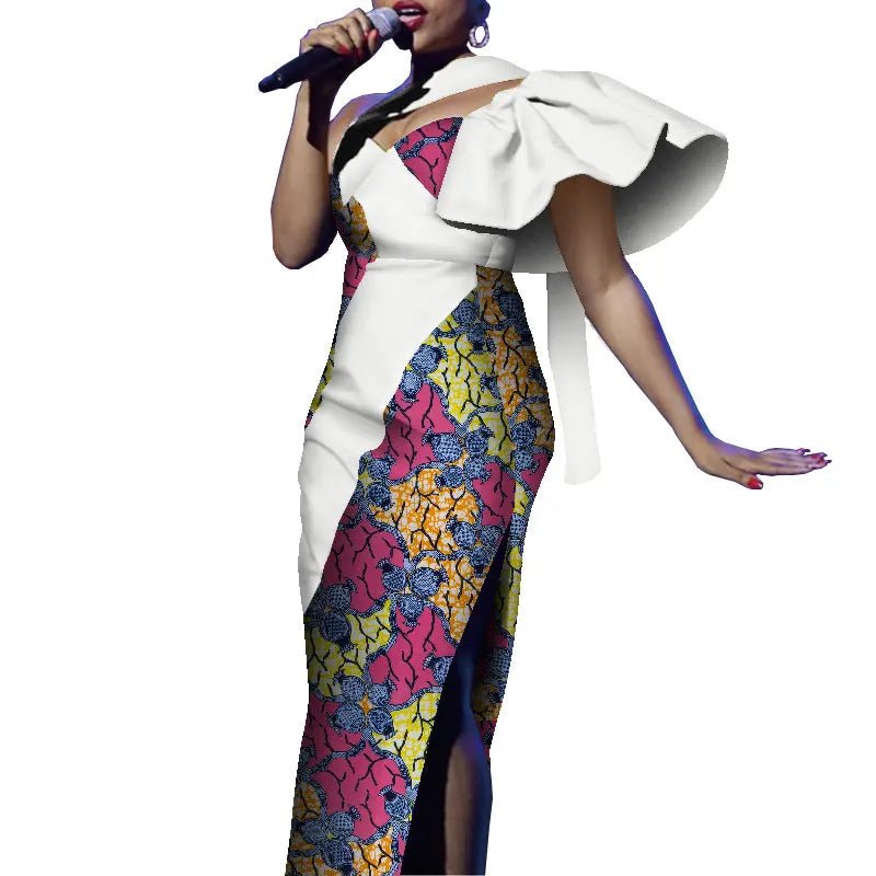 African One - Shoulder Maxi Dress – Bazin Riche Wax Print Gown for Women - Free Delivery Worldwide only at Flexi Africa
