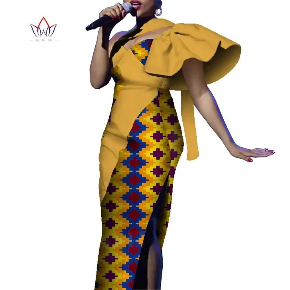 African One - Shoulder Maxi Dress – Bazin Riche Wax Print Gown for Women - Free Delivery Worldwide only at Flexi Africa