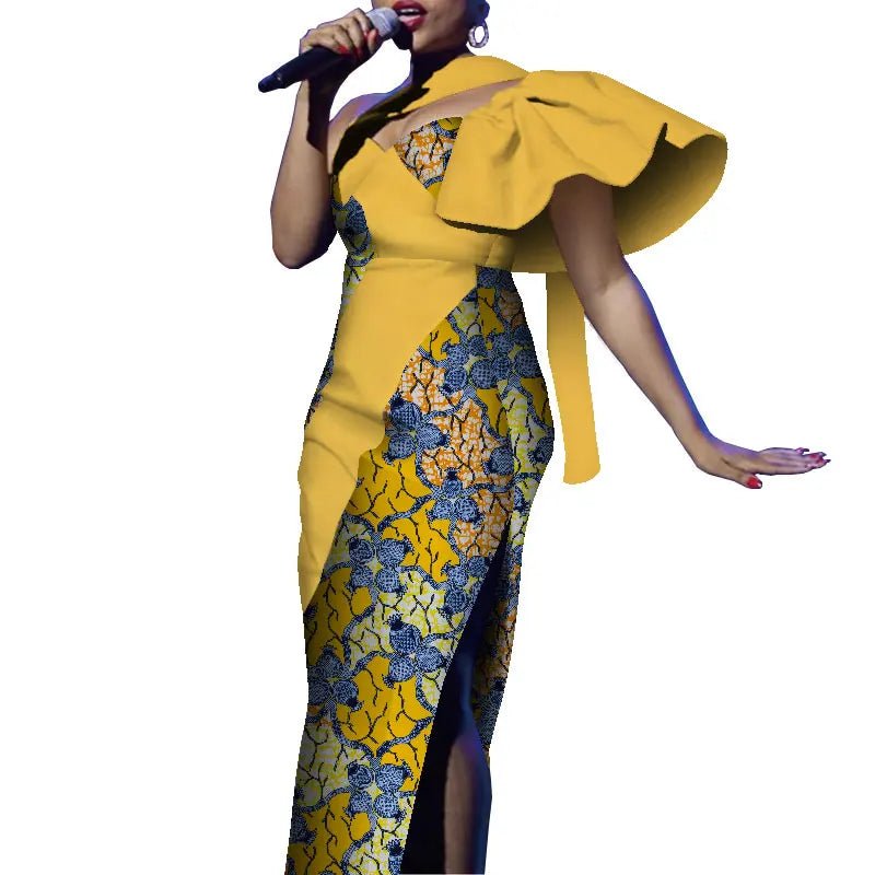 African One - Shoulder Maxi Dress – Bazin Riche Wax Print Gown for Women - Free Delivery Worldwide only at Flexi Africa