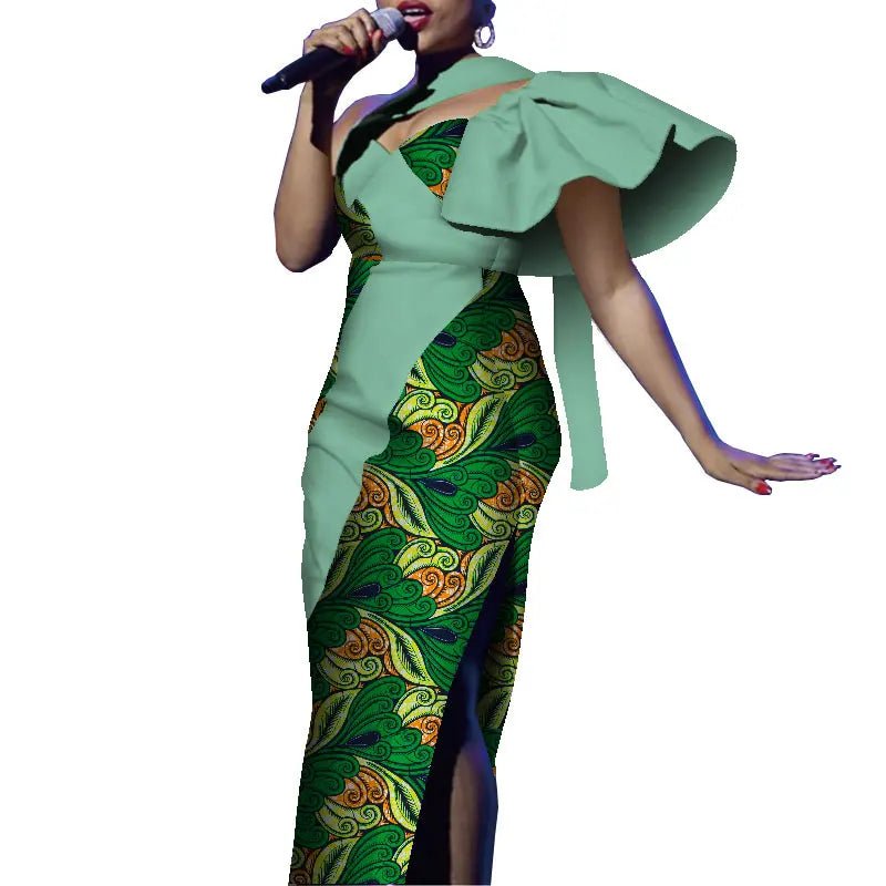 African One - Shoulder Maxi Dress – Bazin Riche Wax Print Gown for Women - Free Delivery Worldwide only at Flexi Africa