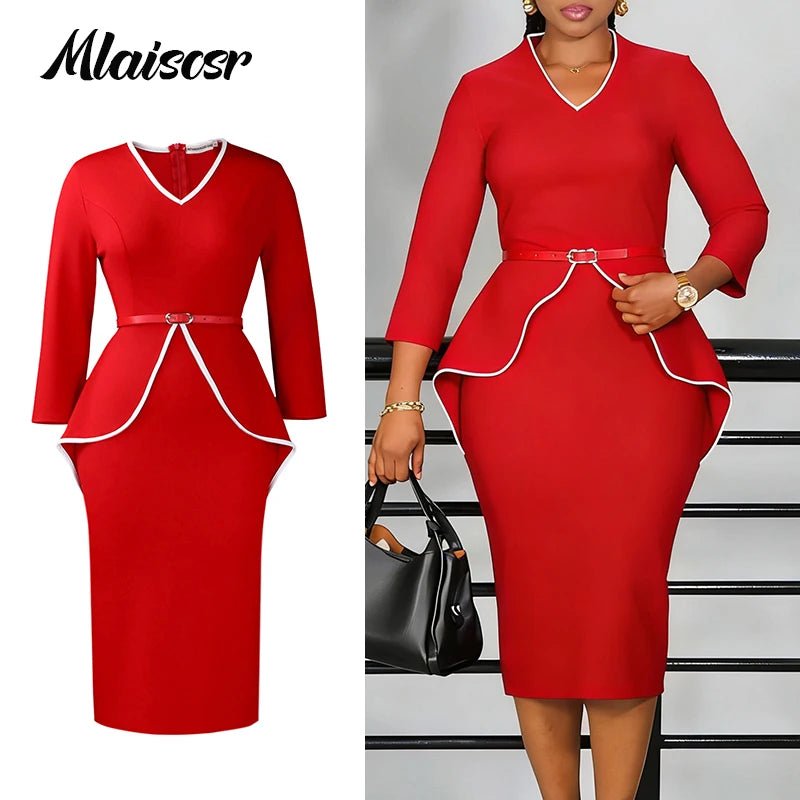 African Party Dress for Women – V-Neck Bodycon Midi Dress with Belt | Evening & Office Wear - Free Delivery Worldwide only at Flexi Africa