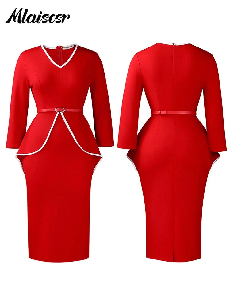 African Party Dress for Women – V-Neck Bodycon Midi Dress with Belt | Evening & Office Wear - Free Delivery Worldwide only at Flexi Africa