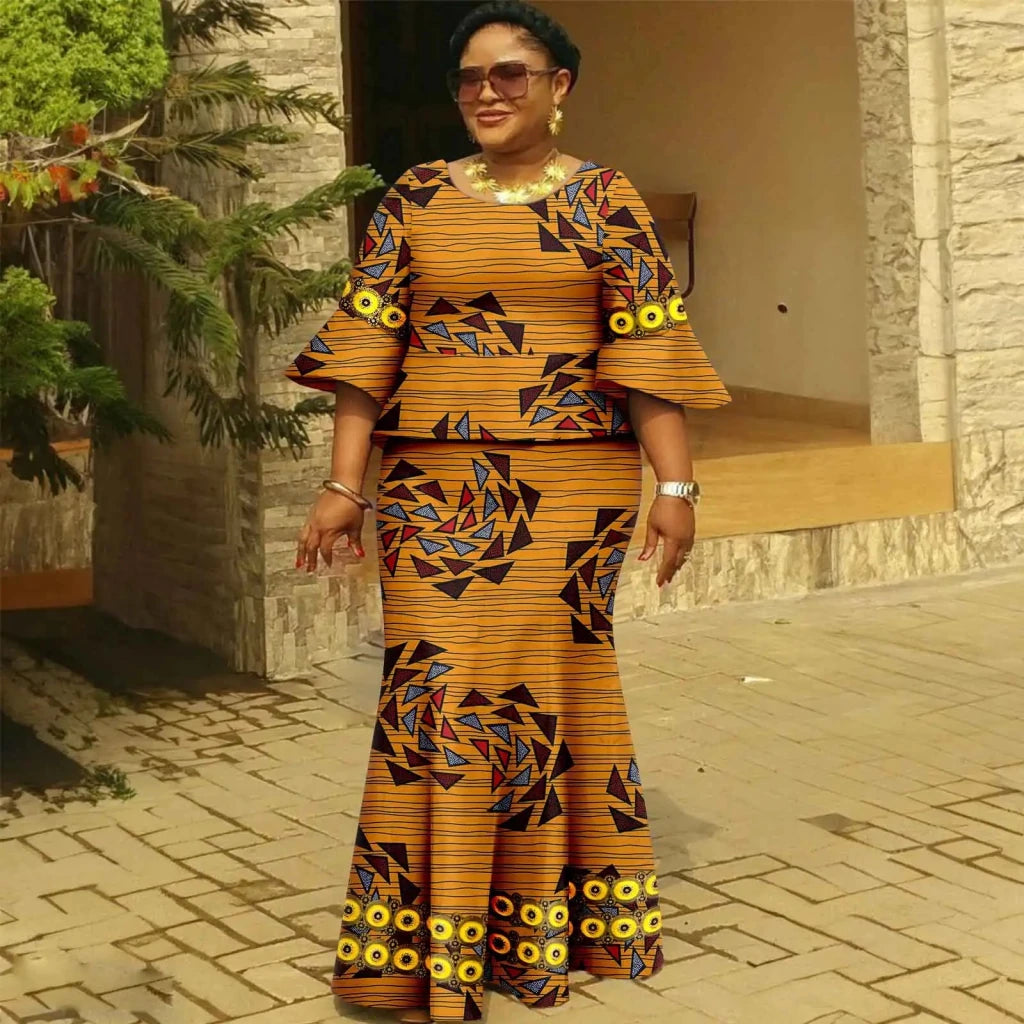 African Party Look – Gold Ankara Fishtail Dress 2PC Set - Free Delivery Worldwide only at Flexi Africa