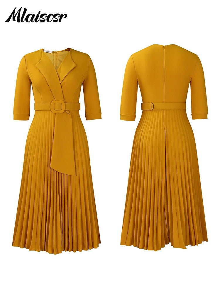 African Pleated A - Line Dress for Women – V - Neck High - Waist Office Dress with Belt - Free Delivery Worldwide only at Flexi Africa