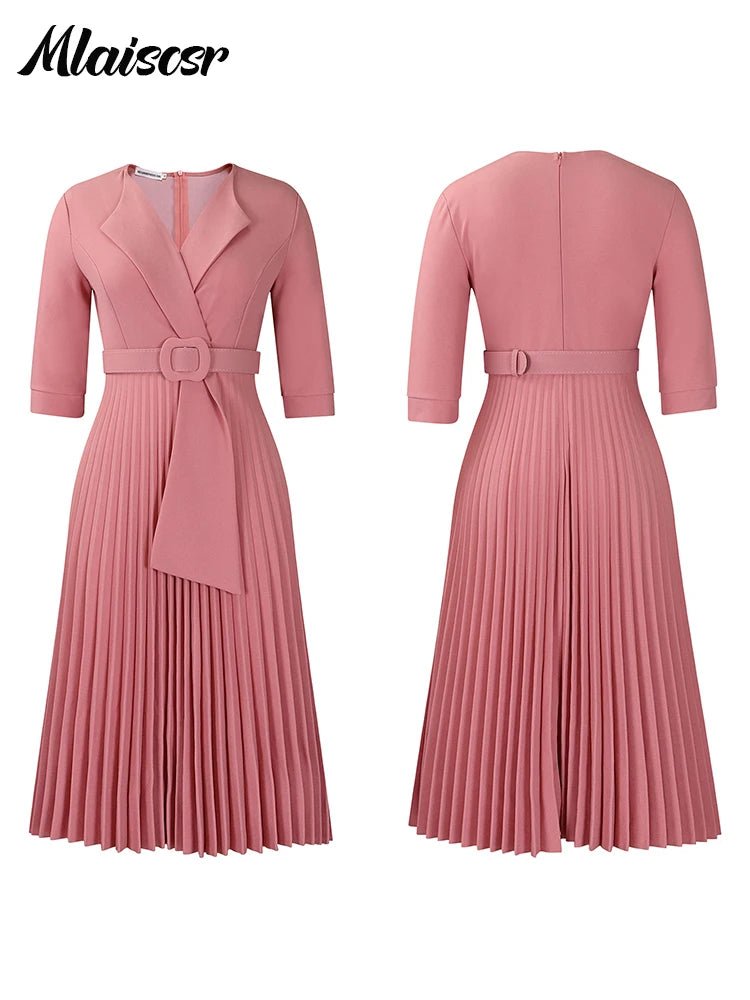 African Pleated A - Line Dress for Women – V - Neck High - Waist Office Dress with Belt - Free Delivery Worldwide only at Flexi Africa