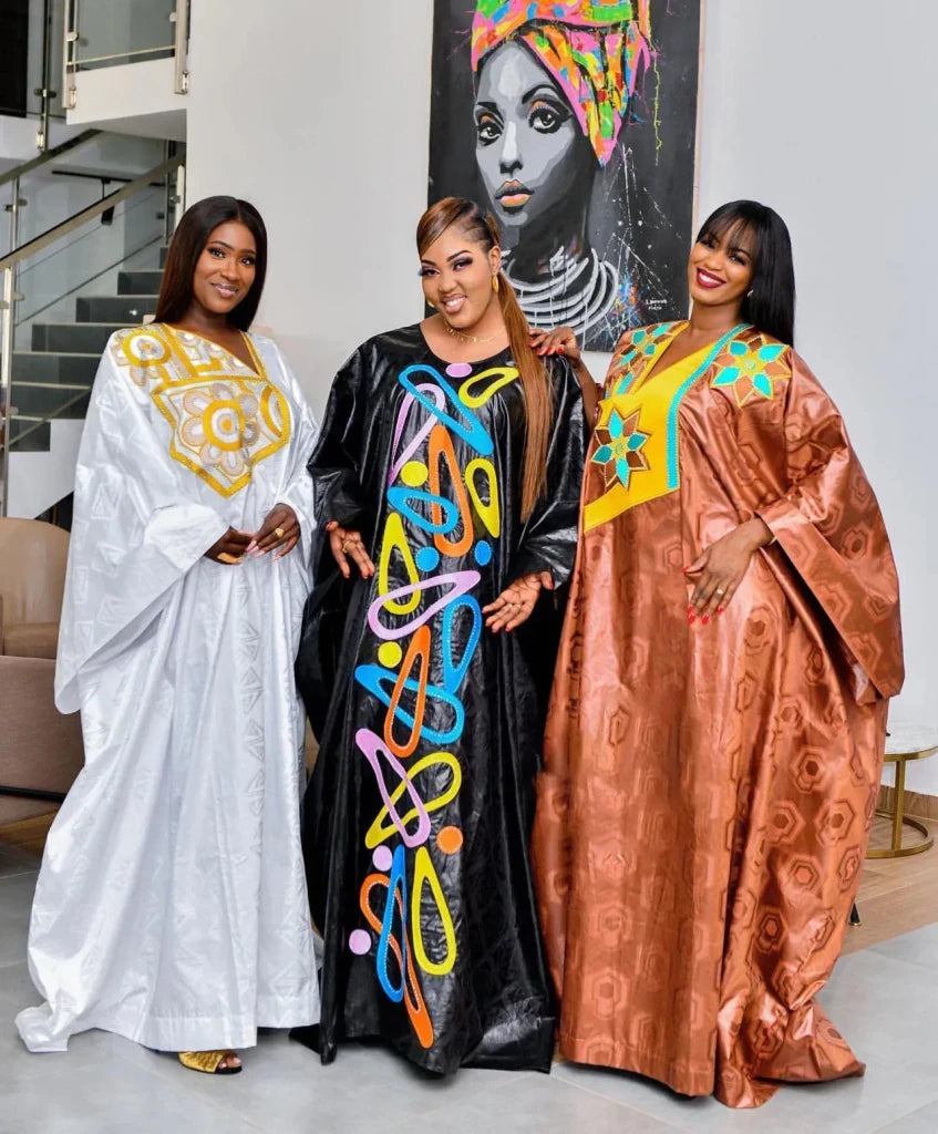 African Plus Size Bazin Riche Embroidered Floor-Length Dress with Matching Scarf for Women - Free Delivery Worldwide only at Flexi Africa
