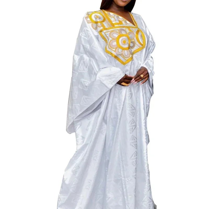 African Plus Size Bazin Riche Embroidered Floor-Length Dress with Matching Scarf for Women - Free Delivery Worldwide only at Flexi Africa