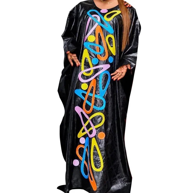 African Plus Size Bazin Riche Embroidered Floor-Length Dress with Matching Scarf for Women - Free Delivery Worldwide only at Flexi Africa
