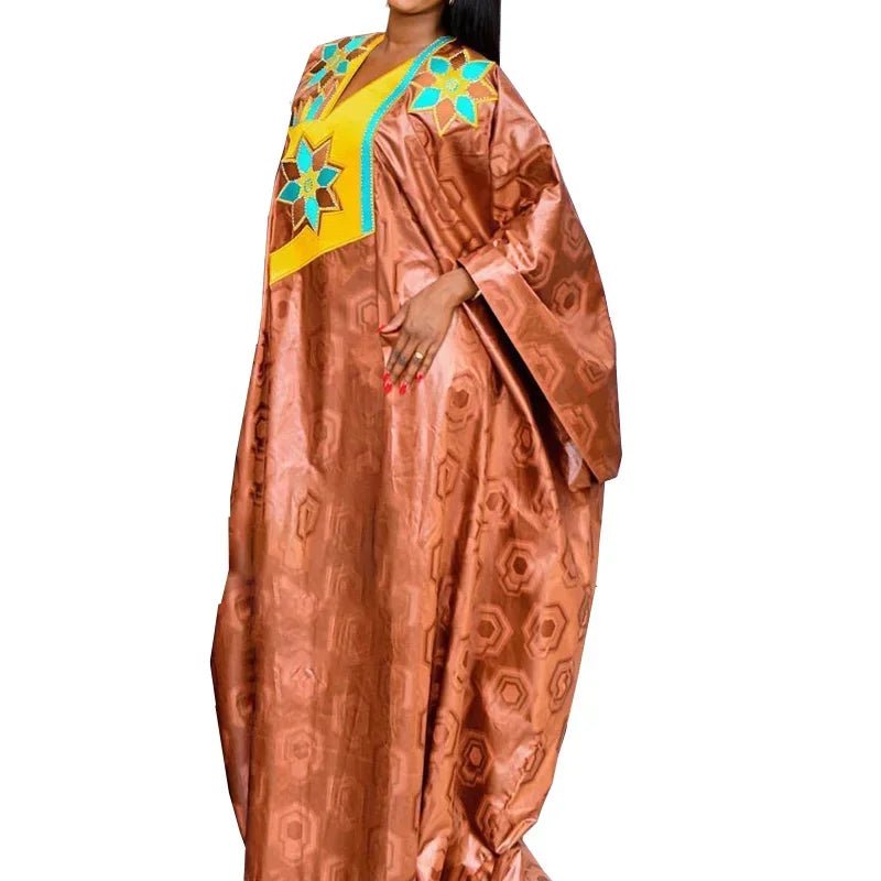 African Plus Size Bazin Riche Embroidered Floor-Length Dress with Matching Scarf for Women - Free Delivery Worldwide only at Flexi Africa