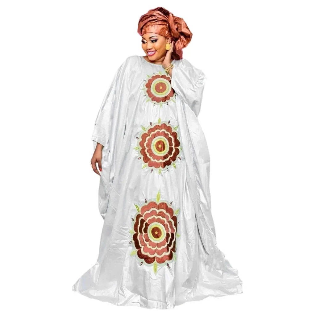African Plus Size Bazin Riche Embroidered Maxi Dress with Matching Scarf – 3PC Set - Free Delivery Worldwide only at Flexi Africa
