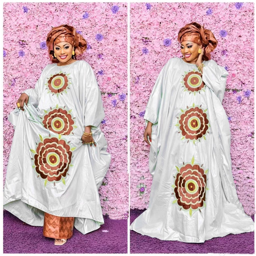 African Plus Size Bazin Riche Embroidered Maxi Dress with Matching Scarf – 3PC Set - Free Delivery Worldwide only at Flexi Africa