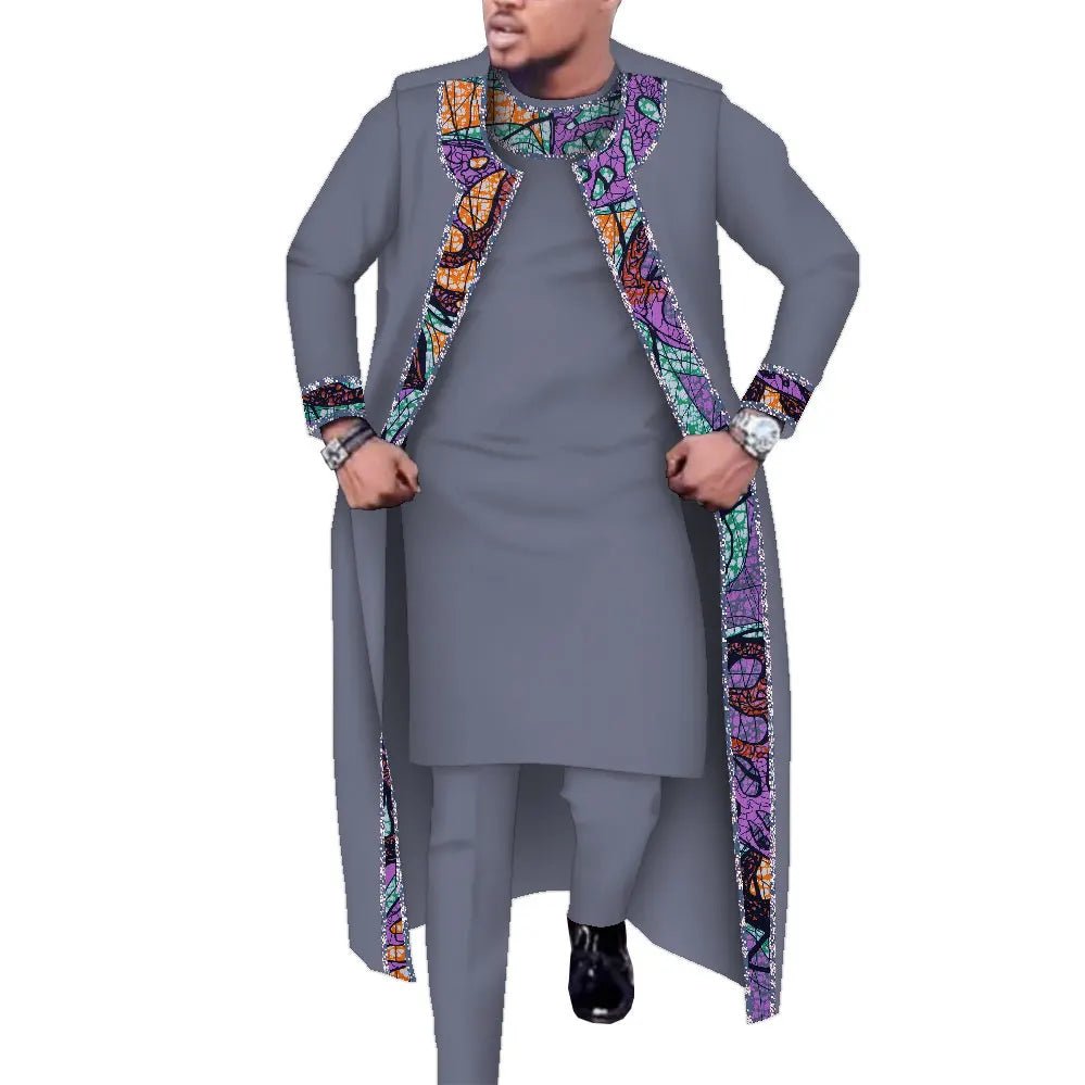 African Print 3PC Men’s Set – Long Robe, Shirt & Pants Cotton Suit for Party & Wedding - Free Delivery Worldwide only at Flexi Africa