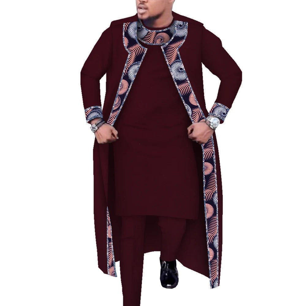 African Print 3PC Men’s Set – Long Robe, Shirt & Pants Cotton Suit for Party & Wedding - Free Delivery Worldwide only at Flexi Africa