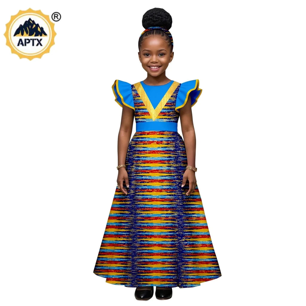 African Print Baby Girl Dress – Bazin Riche Flutter Sleeve Dress with Matching Headtie - Free Delivery Worldwide only at Flexi Africa