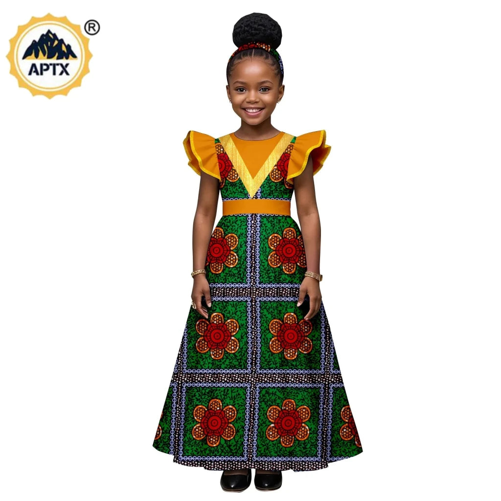 African Print Baby Girl Dress – Bazin Riche Flutter Sleeve Dress with Matching Headtie - Free Delivery Worldwide only at Flexi Africa