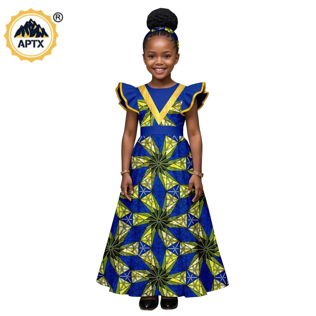 African Print Baby Girl Dress – Bazin Riche Flutter Sleeve Dress with Matching Headtie - Free Delivery Worldwide only at Flexi Africa