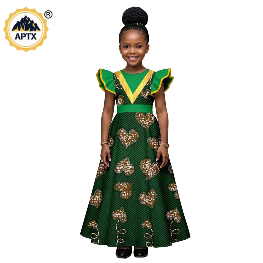 African Print Baby Girl Dress – Bazin Riche Flutter Sleeve Dress with Matching Headtie - Free Delivery Worldwide only at Flexi Africa