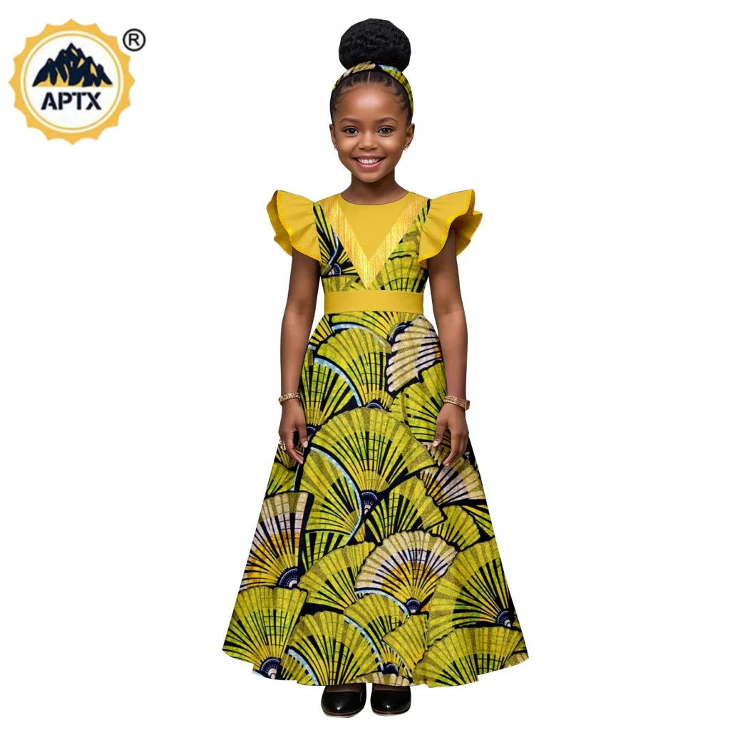 African Print Baby Girl Dress – Bazin Riche Flutter Sleeve Dress with Matching Headtie - Free Delivery Worldwide only at Flexi Africa