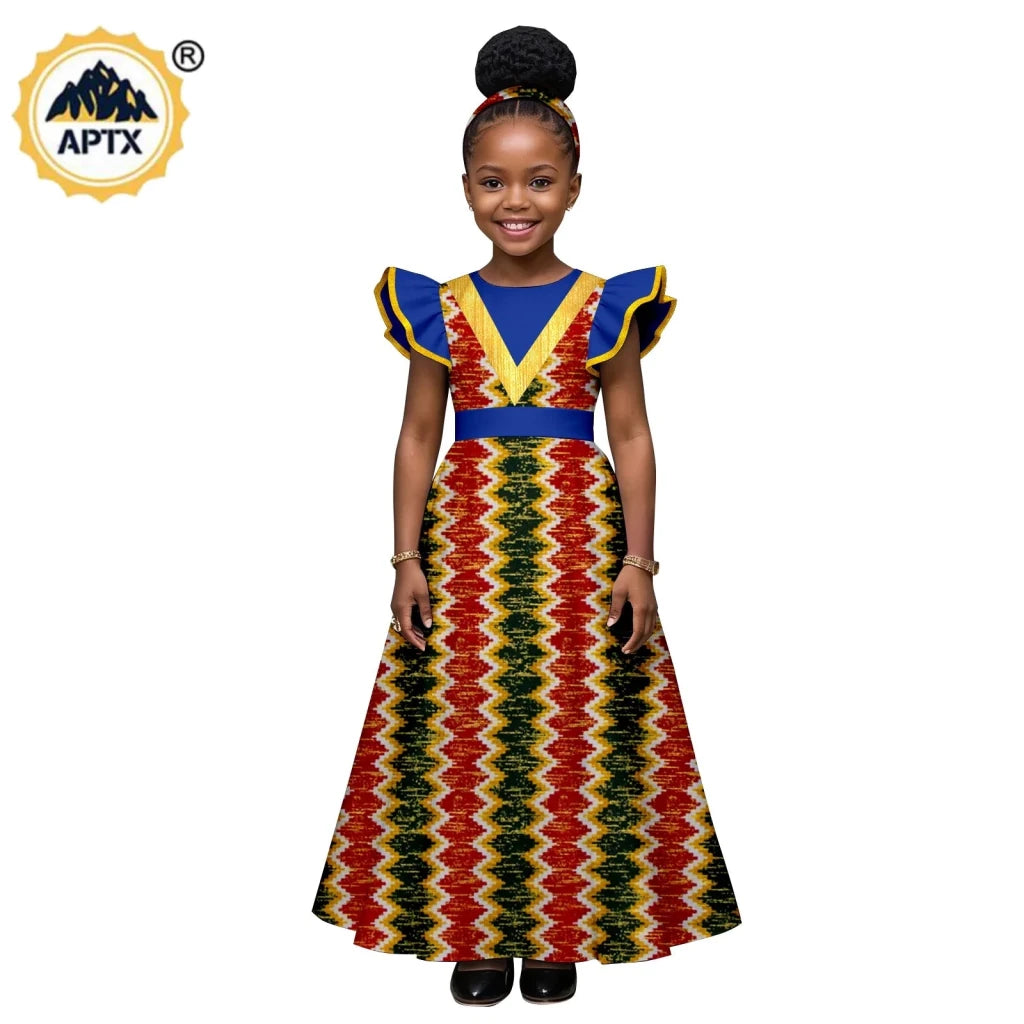 African Print Baby Girl Dress – Bazin Riche Flutter Sleeve Dress with Matching Headtie - Free Delivery Worldwide only at Flexi Africa