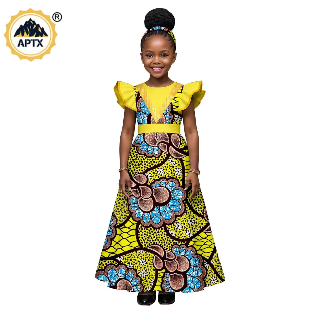 African Print Baby Girl Dress – Bazin Riche Flutter Sleeve Dress with Matching Headtie - Free Delivery Worldwide only at Flexi Africa