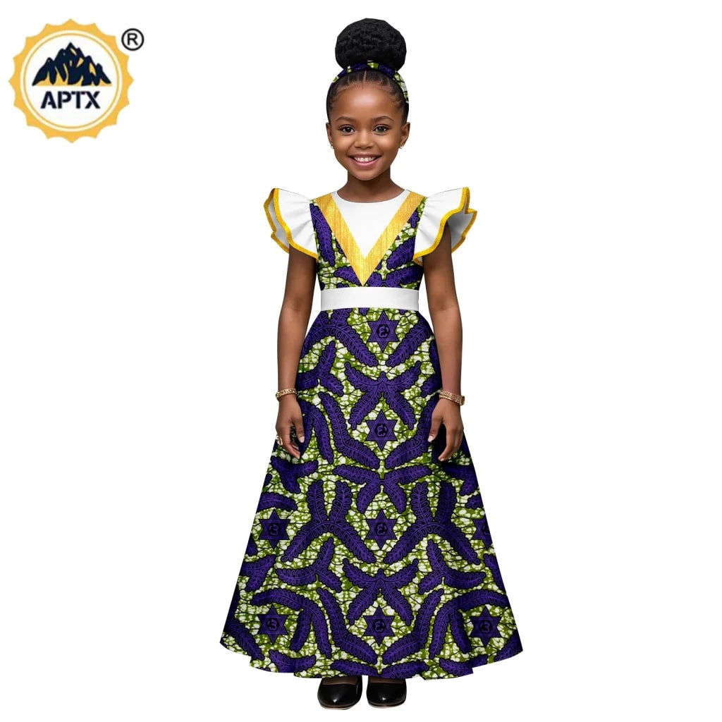 African Print Baby Girl Dress – Bazin Riche Flutter Sleeve Dress with Matching Headtie - Free Delivery Worldwide only at Flexi Africa