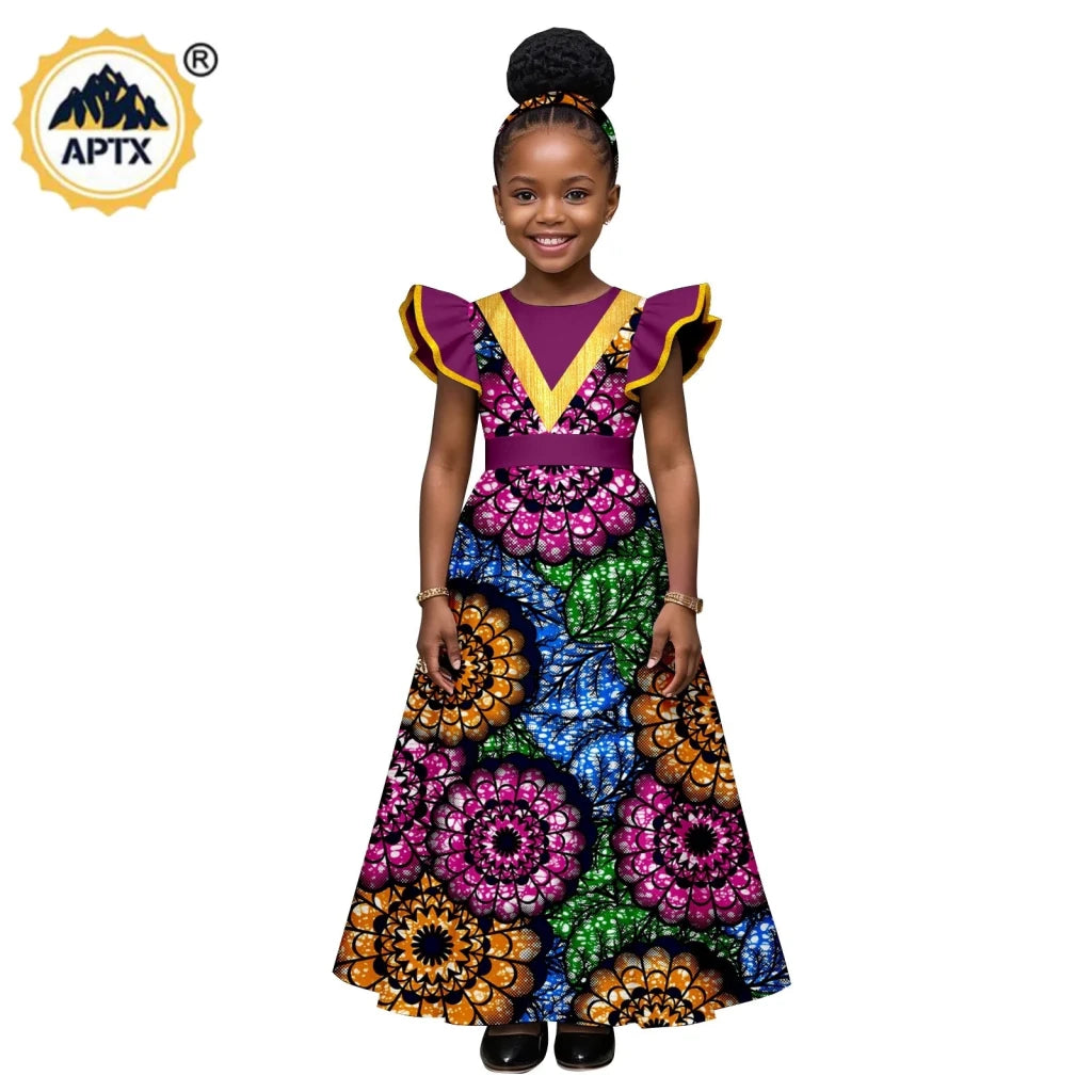 African Print Baby Girl Dress – Bazin Riche Flutter Sleeve Dress with Matching Headtie - Free Delivery Worldwide only at Flexi Africa