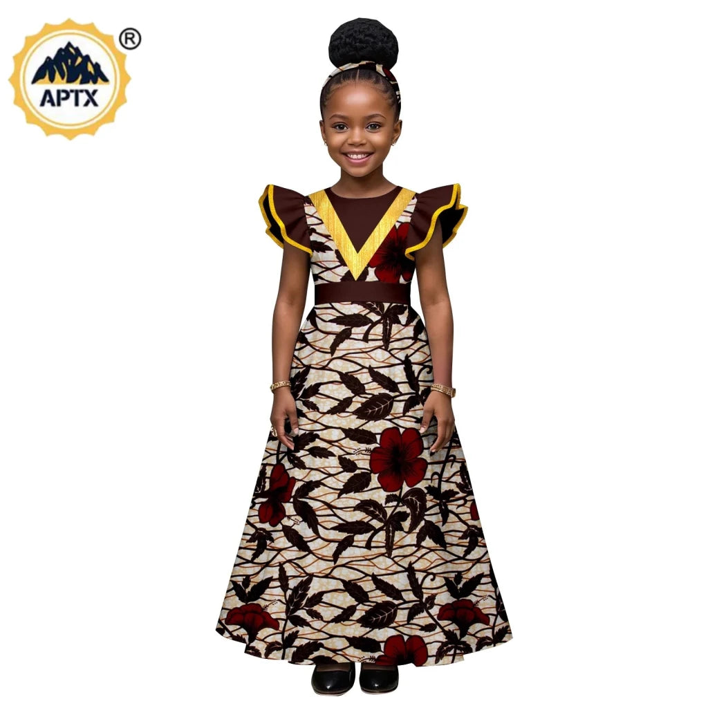 African Print Baby Girl Dress – Bazin Riche Flutter Sleeve Dress with Matching Headtie - Free Delivery Worldwide only at Flexi Africa