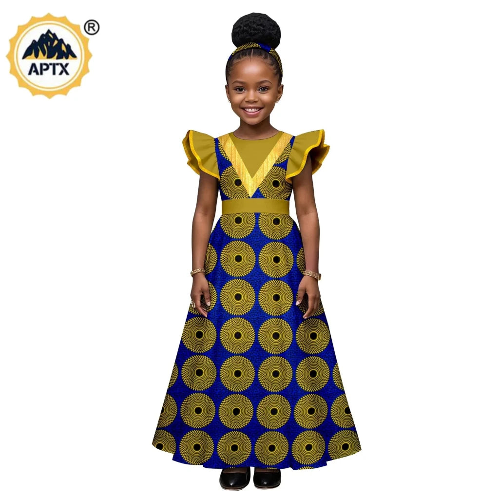 African Print Baby Girl Dress – Bazin Riche Flutter Sleeve Dress with Matching Headtie - Free Delivery Worldwide only at Flexi Africa