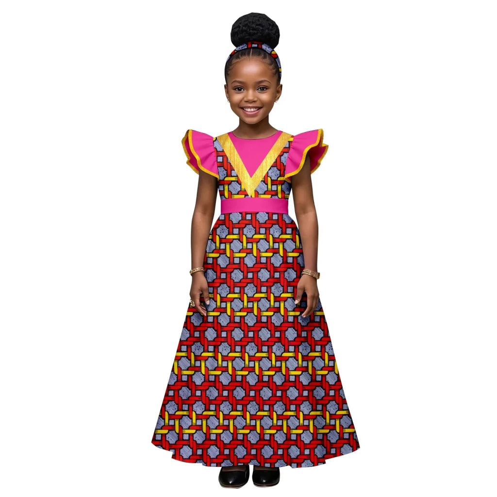 African Print Baby Girl Dress – Bazin Riche Flutter Sleeve Dress with Matching Headtie - Free Delivery Worldwide only at Flexi Africa