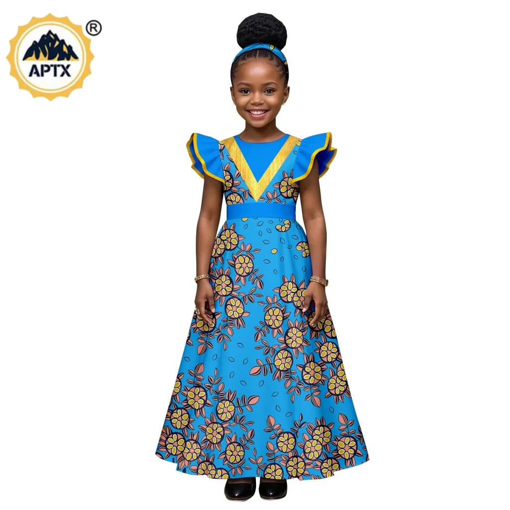 African Print Baby Girl Dress – Bazin Riche Flutter Sleeve Dress with Matching Headtie - Free Delivery Worldwide only at Flexi Africa