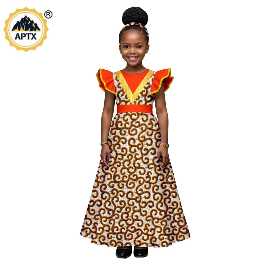 African Print Baby Girl Dress – Bazin Riche Flutter Sleeve Dress with Matching Headtie - Free Delivery Worldwide only at Flexi Africa