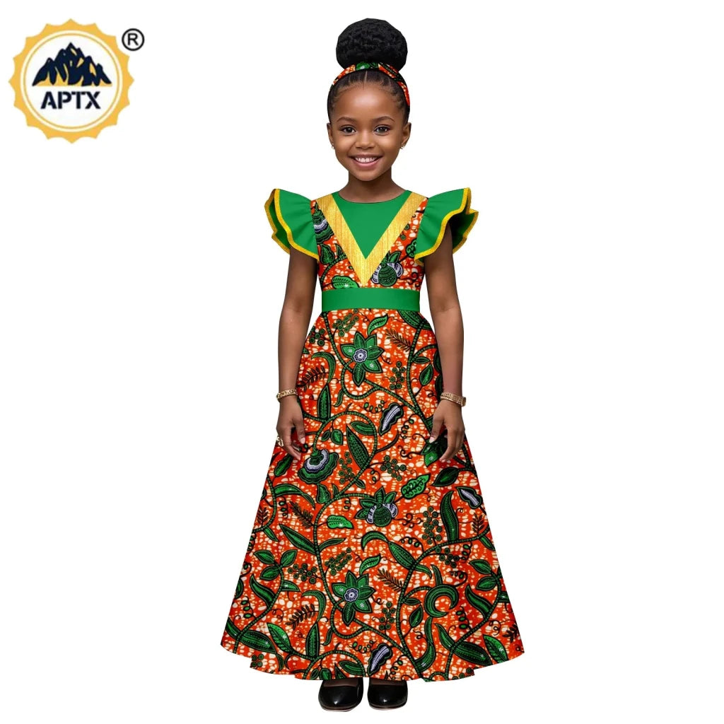 African Print Baby Girl Dress – Bazin Riche Flutter Sleeve Dress with Matching Headtie - Free Delivery Worldwide only at Flexi Africa