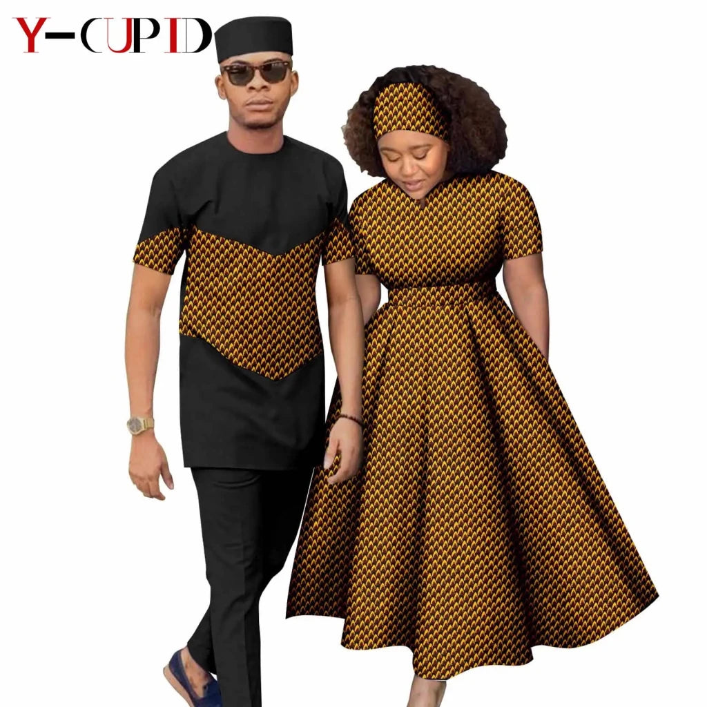 African Print Couple Matching Set – Women’s Long Dress & Men’s Dashiki Pant Outfit - Free Delivery Worldwide only at Flexi Africa