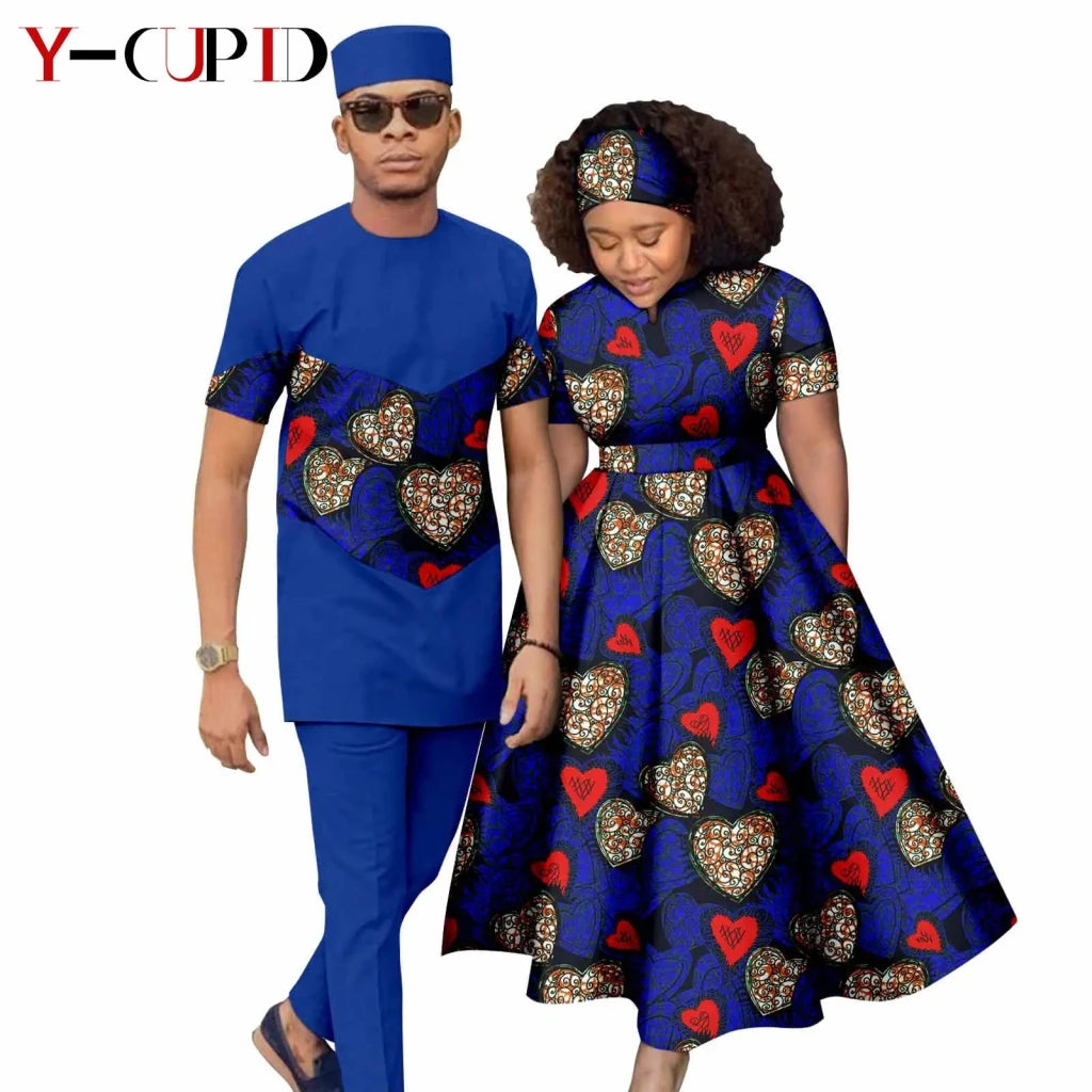 African Print Couple Matching Set – Women’s Long Dress & Men’s Dashiki Pant Outfit - Free Delivery Worldwide only at Flexi Africa
