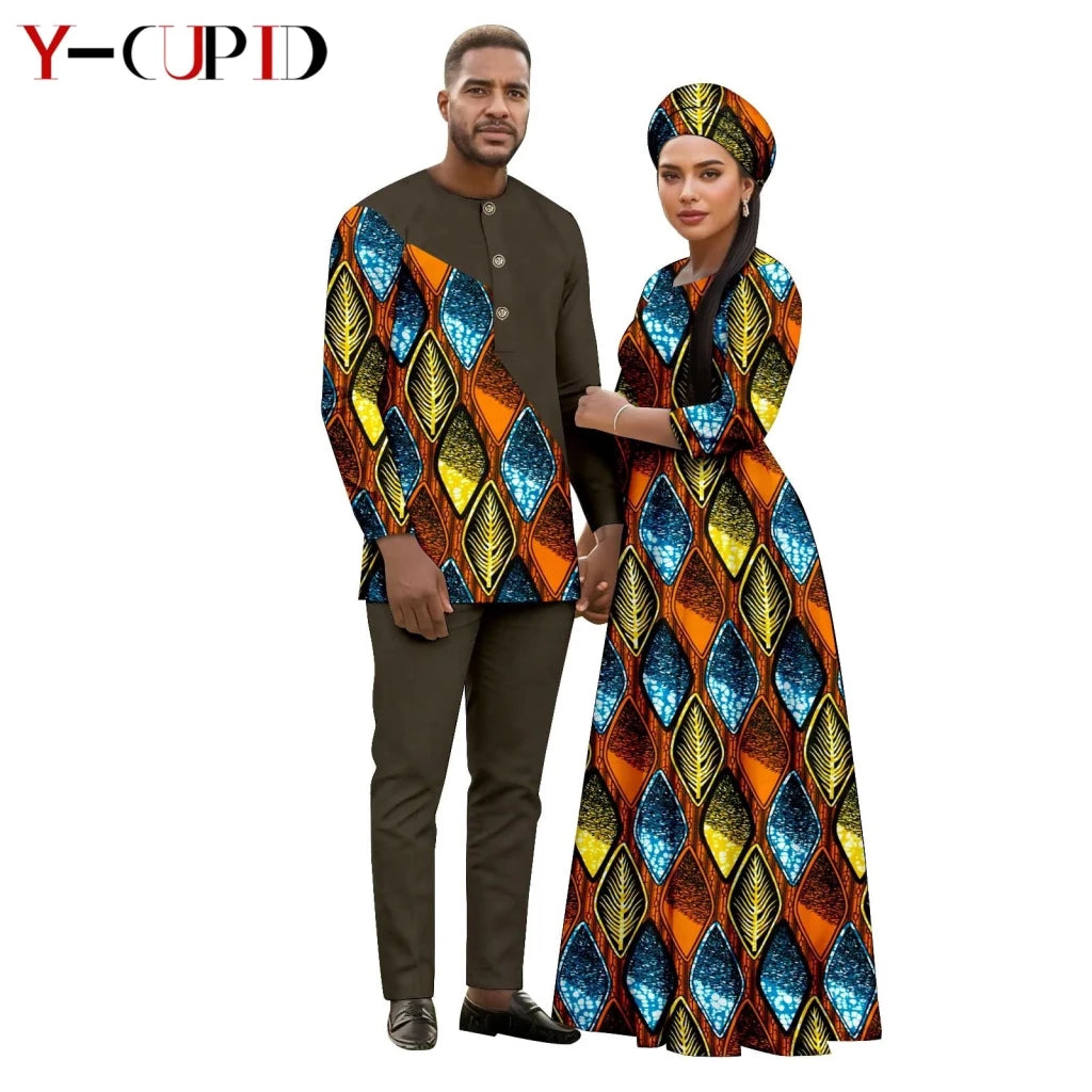 African Print Couple Outfit Set – Women’s Long Tutu Dress & Men’s Dashiki Suit Top and Pants - Free Delivery Worldwide only at Flexi Africa