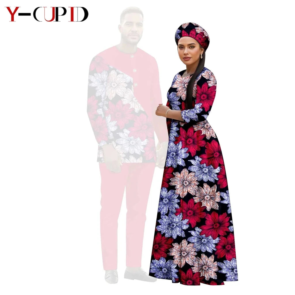 African Print Couple Outfit Set – Women’s Long Tutu Dress & Men’s Dashiki Suit Top and Pants - Free Delivery Worldwide only at Flexi Africa