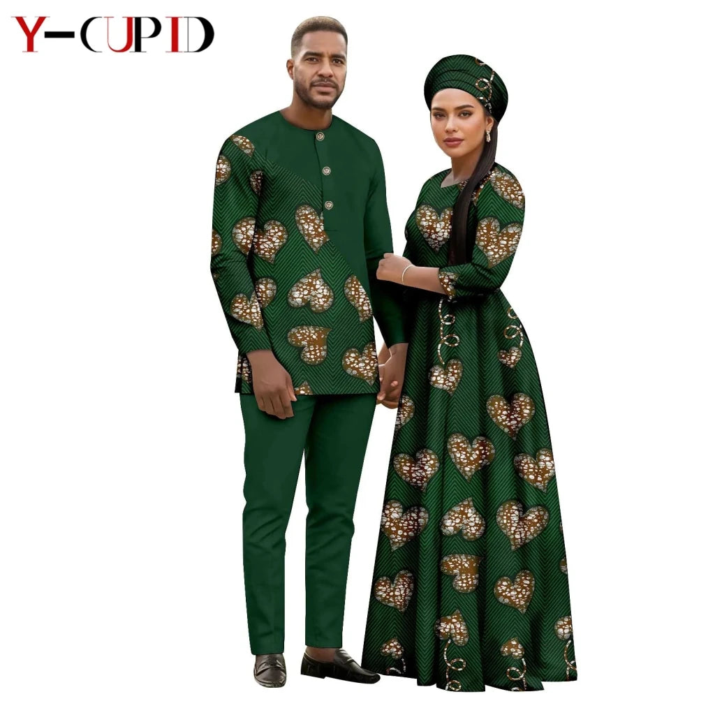 African Print Couple Outfit Set – Women’s Long Tutu Dress & Men’s Dashiki Suit Top and Pants - Free Delivery Worldwide only at Flexi Africa