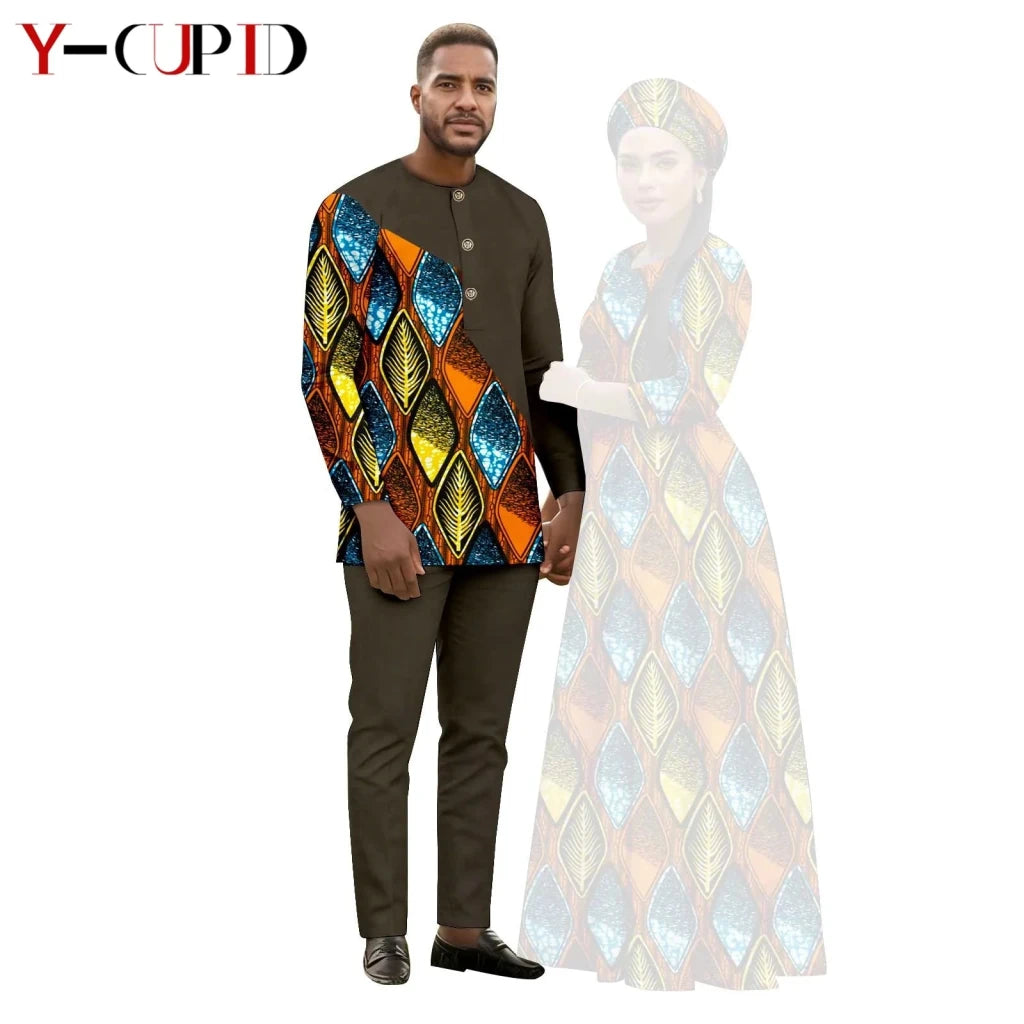African Print Couple Outfit Set – Women’s Long Tutu Dress & Men’s Dashiki Suit Top and Pants - Free Delivery Worldwide only at Flexi Africa
