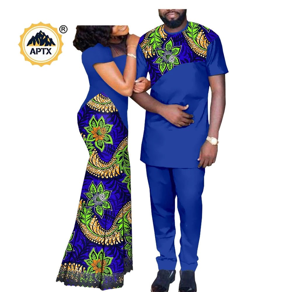 African Print Couple Set – Women’s Lace Dress Paired with Men’s Dashiki Shirt and Pants - Free Delivery Worldwide only at Flexi Africa