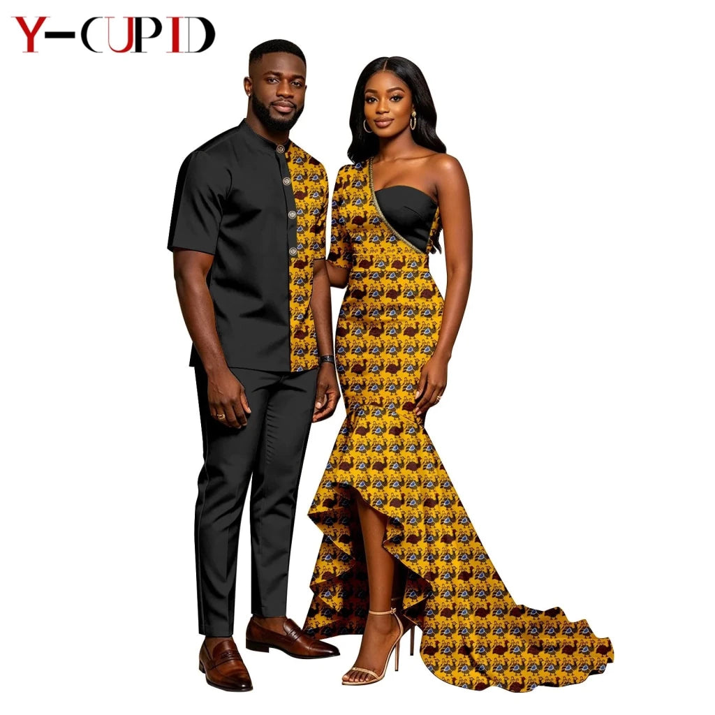 African Print Couples Outfits – Mermaid Dress & Men's Set - Free Delivery Worldwide only at Flexi Africa