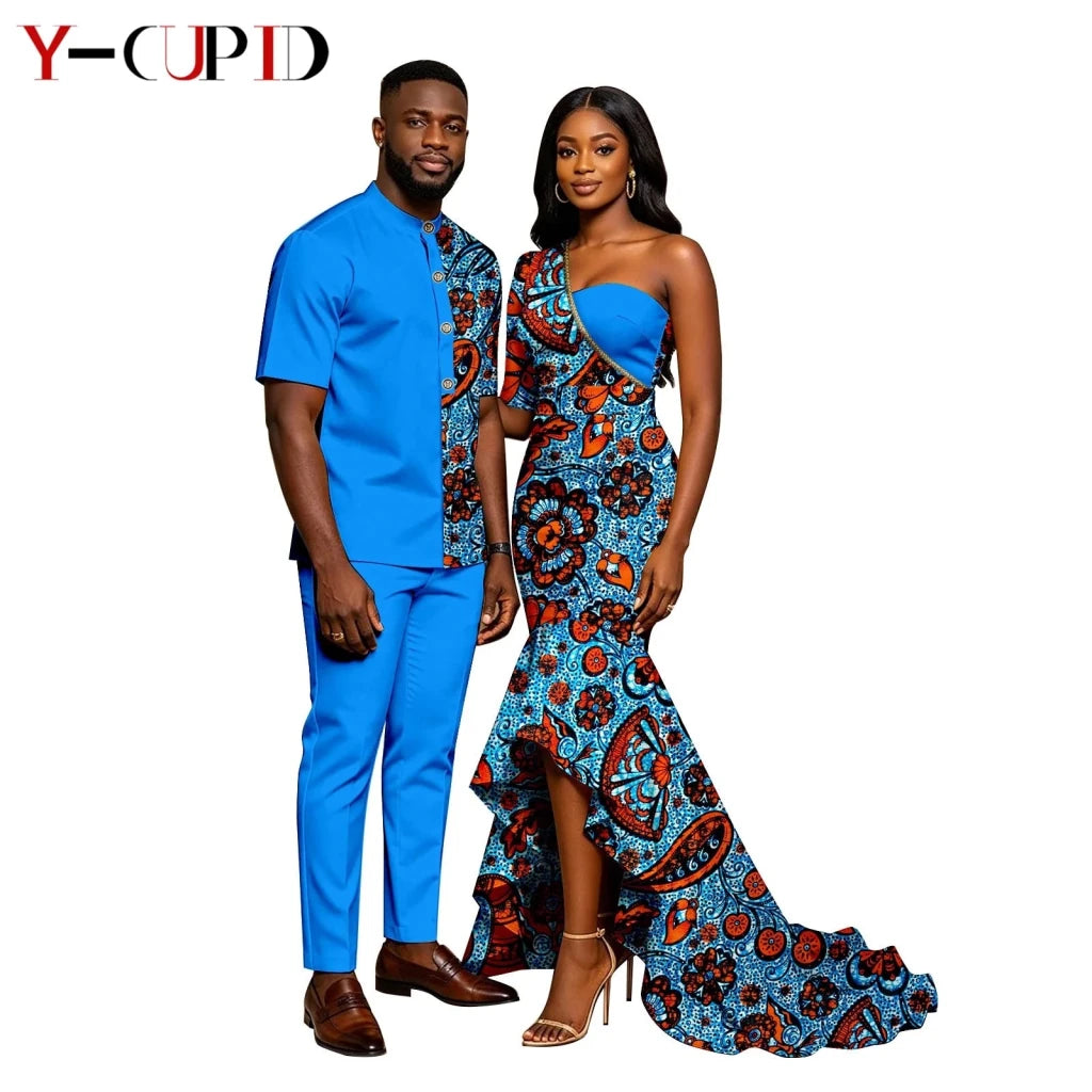 African Print Couples Outfits – Mermaid Dress & Men's Set - Free Delivery Worldwide only at Flexi Africa