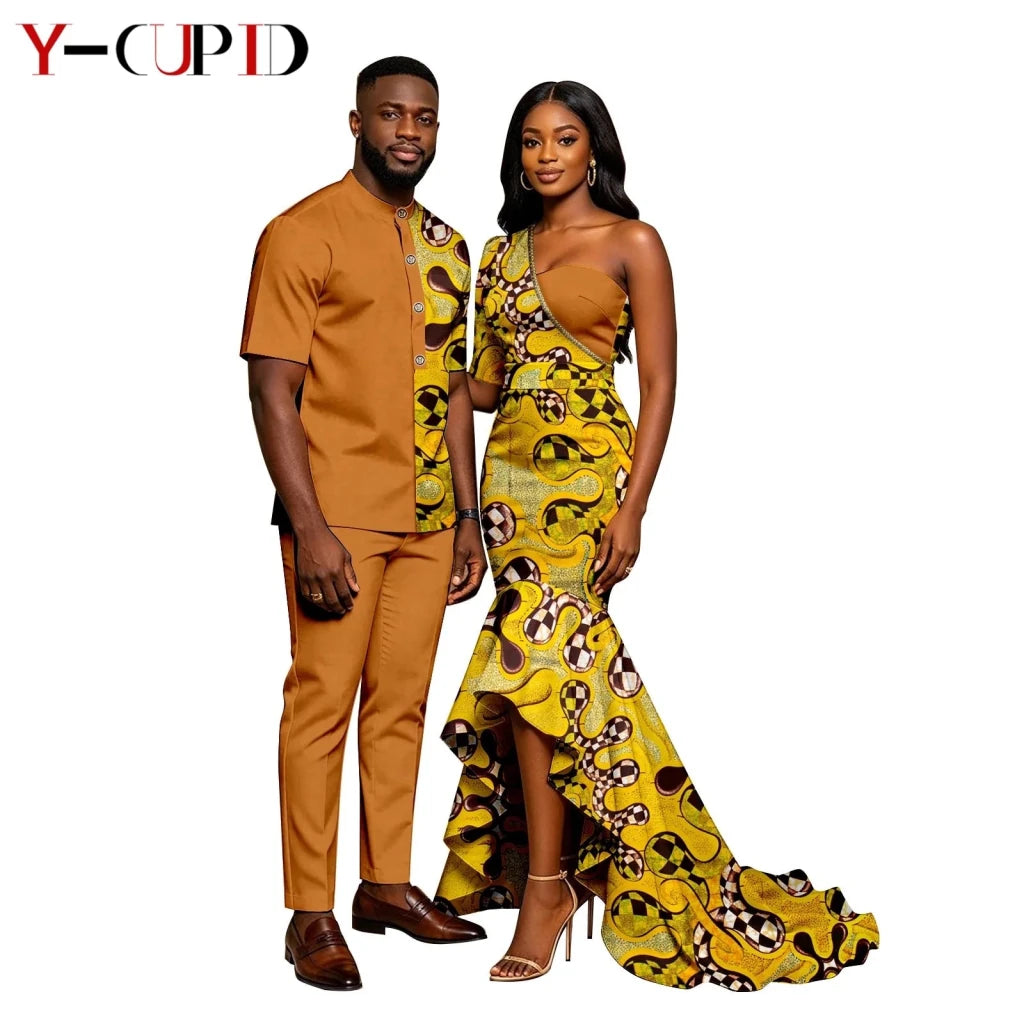 African Print Couples Outfits – Mermaid Dress & Men's Set - Free Delivery Worldwide only at Flexi Africa