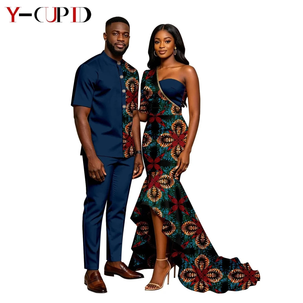 African Print Couples Outfits – Mermaid Dress & Men's Set - Free Delivery Worldwide only at Flexi Africa