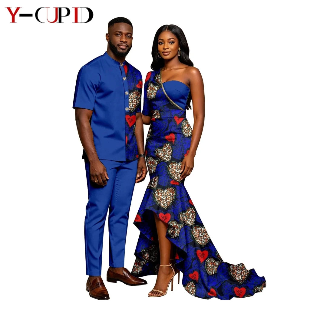 African Print Couples Outfits – Mermaid Dress & Men's Set - Free Delivery Worldwide only at Flexi Africa