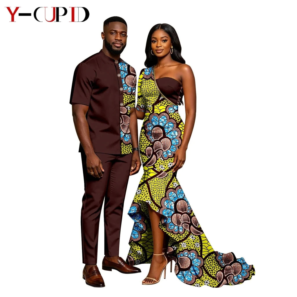 African Print Couples Outfits – Mermaid Dress & Men's Set - Free Delivery Worldwide only at Flexi Africa