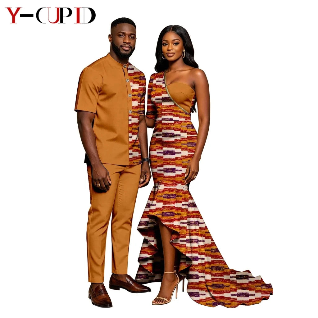 African Print Couples Outfits – Mermaid Dress & Men's Set - Free Delivery Worldwide only at Flexi Africa